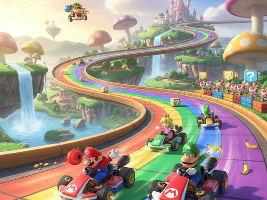 Colorful kart race on rainbow track – Fantasy racing scene